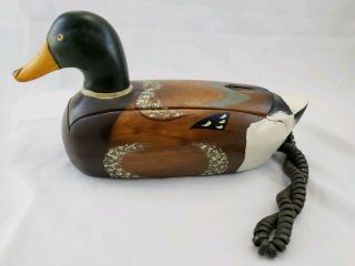 Vintage Telephone Wood Duck Decoy Carved & Painted Mallard Quack Ringer