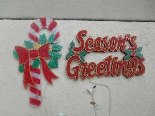 Vintage Lighted " Candy Cane & Seasons Greetings " Wall Hanging Decoration 18 "