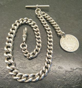 Antique Victorian Heavy Silver Graduated Albert Pocket Watch Chain & Coin Fob.