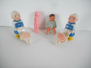Vtg 40s 50s Toys Shackman Soft Rubber Dollhouse Baby 2 Granny Ramp Walkers,