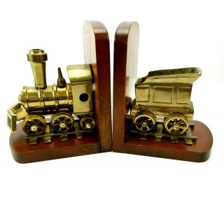 Vintage Enesco Wood & Brass Steam Engine Locomotive Train Bookends