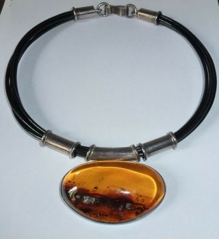 Sterling Silver Vintage Necklace With Amber And Leather