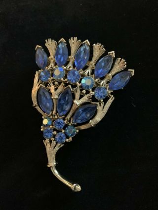 Vintage Lisner Blue Rhinestone Pin Brooch Signed