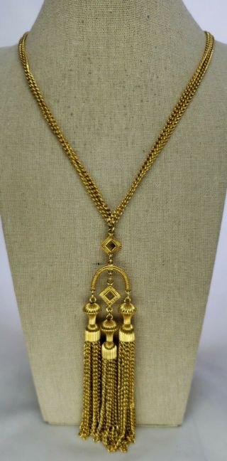 Gold Tone Chain Necklace Triple Tassel Pendant Vintage Women 
