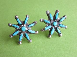 Vintage Old Pawn Zuni Sterling Petite Point Turquoise Post Earrings