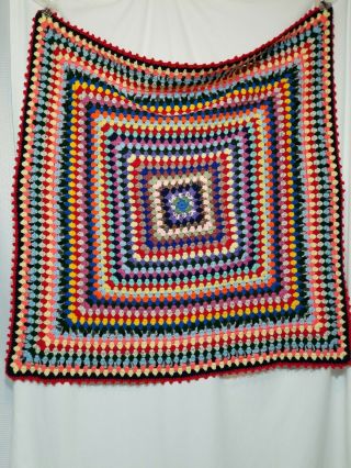 Vintage Hand Crocheted Granny Square Afghan Throw Blanket