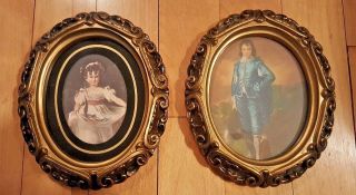 Vintage Ornate Carved Wood Black Gold Glass Oval Frames Gesso Rococo Blue Boy