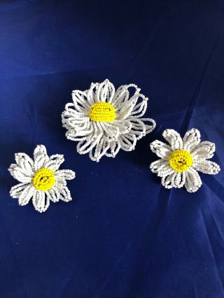 Vintage Miriam Haskell Beaded White Yellow Flower Brooch & Earrings Signed