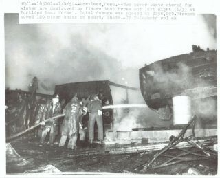 1957 Vintage Photo Portland Connecticut Firemen Put Out Flames At The Boat