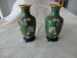Vintage Good Quality Pair Green Cloisonne Mirror Image 18 Cm Vases & Stands