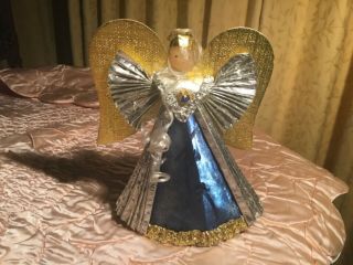 Vintage Christmas Wax Angel Gold Blue Foil Tree Topper Ornament Germany