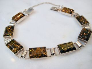 Vintage Sterling Silver Green Amber Panel Link Bracelet - Box Clasp Safety Chain