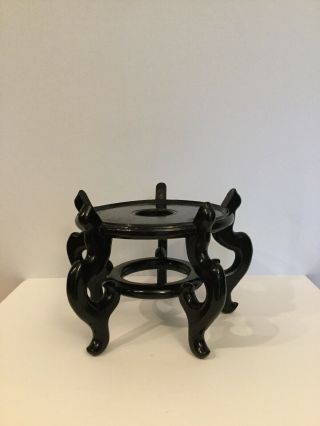 Vintage Carved Wood Black Asian Jar Vase Display Plant Stand Wooden Pedestal