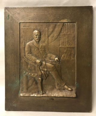 Antique Bronze Plaque Portrait Of Seated Man,  Signed & Dated 1909