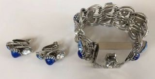 Vintage Costume Jewelry Crystal Blue Bead Earrings,  & Silver Tone Bracelet Set