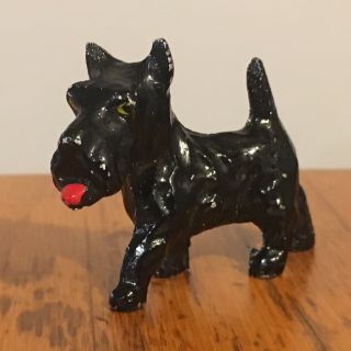 Vtg Doll House Miniature Cast Iron Lead Toy Black Scotty Dog W/ Red Tongue