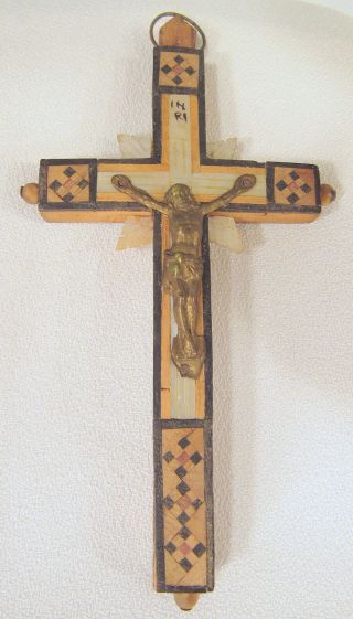 Vtg Inlaid Ornamental Materials & Wood Stations Of The Cross Crucifix Jerusalem