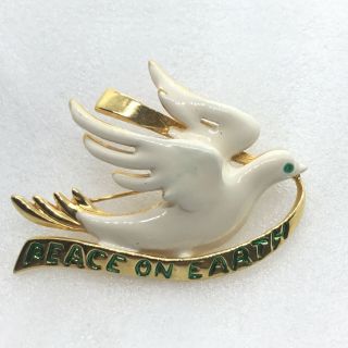Vintage Christmas Dove Brooch Pin Peace On Earth Enamel Bird Costume Jewelry