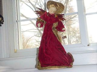 Vintage German Koestel Wax Angel Tree Topper Figurine Red Velvet Dress 14 1/2 " T