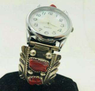 Vintage Navajo Sterling Silver Coral Watch Band Tips Signed Joe Tso ｜ Nr