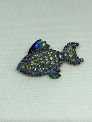 Vintage Fish Brooch Pin Blue Green Rhinestone Gold Tone Ocean Animal