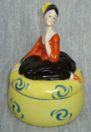 Antique French Art Deco Lady Powder Trinket Box Pot Jar Half Doll Related