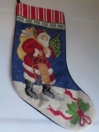 Vintage Needlepoint Christmas Stocking Santa With Toys Sled Blue Complete
