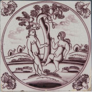 Dutch Delft Manganese Tile,  Genesis 3:4 - 6,  Adam And Eve,  18th.  Century.