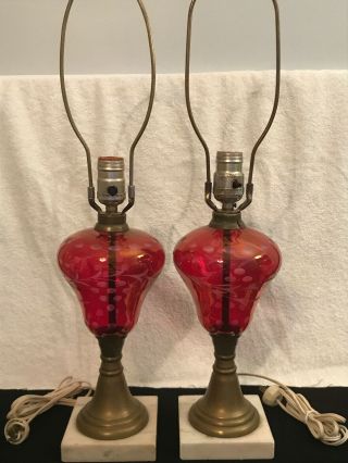 Antique Etched Cranberry Ruby Glass Table Lamp Leave & Berry Marble Base Fenton