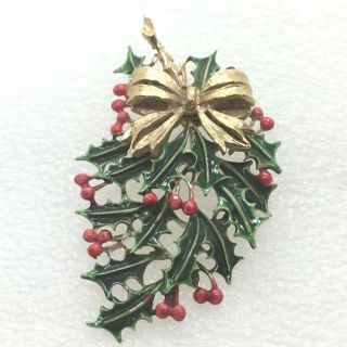 Vintage Christmas Holly Spray Brooch Pin Red Green Enamel Costume Jewelry