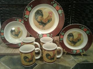 Vintage Vibrant Rooster Dinnerware Set Service For 4