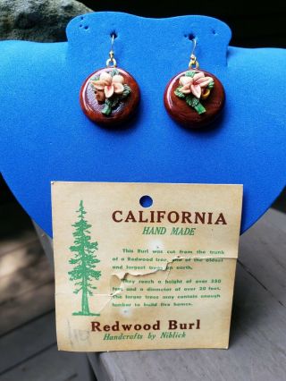 Vintage Hand Crafted Carved California Redwood Burl Earrings Repurposed