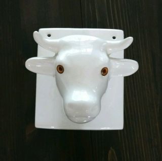 Vintage Large White Ceramic Cow Bull Head Towel Holder Amber Eyes