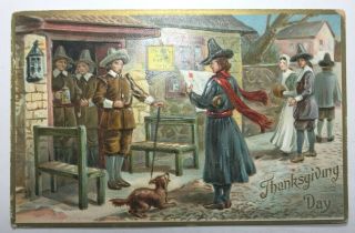 Vintage Thanksgiving Postcard By Tuck Series 161 Pilgrims & Dog,  1909 Posted