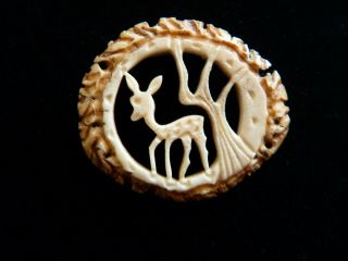 Vintage Hand Carved Deer Antler Brooch.  Deer & Tree Scene.
