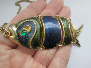 Vintage Articulated Gold Tone Blue Green Enamel Rhinestone Fish Pendant Necklace