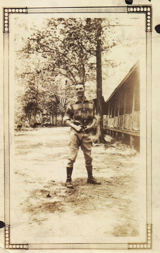 Vintage Old 1920 ' s Photo of Man in Lumberjack Shirt & Boots at Camp US FLAG 2