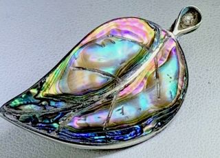 Vintage Signed Taxco Mexico Sterling Silver Abalone Leaf Pin Brooch