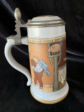 Mettlach 2959 Antique German Etched Beer Stein Lidded Mug - Bowling Ca.  1897