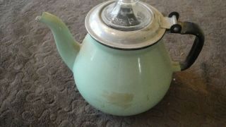Vintage Green Enamel Teapot Coffee Pot With Pyrex Glass Percolator Top
