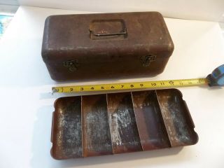 Old Vintage Metal Fishing Lure Tackle Box Decor With Removable Tray Heavy Steel