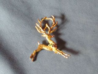 Vintage Signed Mylu Gold - Tone Rhinestone Enamel Christmas Reindeer Pin Brooch