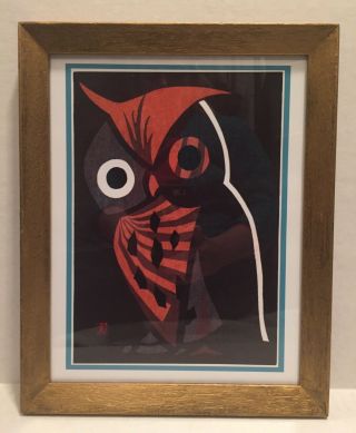 Kaoru Kawano Japanese Modern Mcm Cubist Owl Giclee Art Print In Vtg Frame 9x12