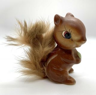 Adorable Little Vintage Enesco Squirrel Figurine With Fur Tail,  Holding An Acorn