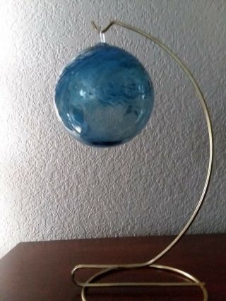 Vintage Art Glass Blown Ball Christmas Ornament Blue Swirl 3 1/4 "