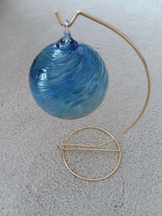 Vintage Art Glass Blown Ball Christmas Ornament Blue Swirl 3 1/4 