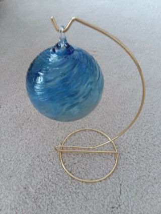 Vintage Art Glass Blown Ball Christmas Ornament Blue Swirl 3 1/4 