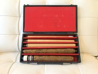 Vintage Mother - Of - Pearl Inlaid Pool Cue Billiard Stick With Case