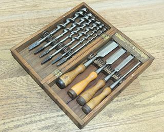 C.  E.  Jennings Auger Bit & Chisel Set W/original Wooden Box - Antique Tool - Brace