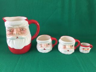 Vintage Japan Ceramic Winking Santa Claus Green Jewel Eyes Pitcher & 3 Cups